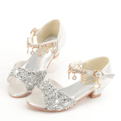Girls Sandals Children Crystal Shoes 2023 Summer Kids Glitter Shoes High Heels Sequined Rhinestone Pendants Open Toes Princess