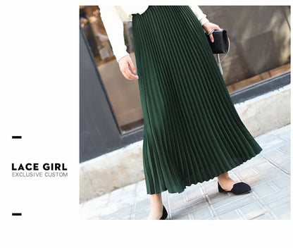 Classical Women Pleated Skirt 90cm/80cm Long Female Elastic Waist Skirt Big Size Velvet Pleated Skirt for Winter Ankle-Length