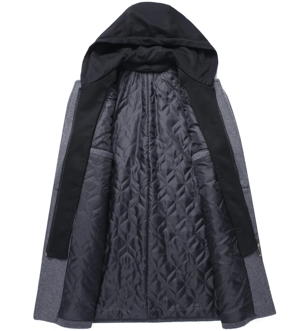 DIMUSI Winter Men's Hooded Wool Jackets Casual Middle Long Scarf Collar Cotton Thick Woolen Coat Male Luxurious Trench Clothing.