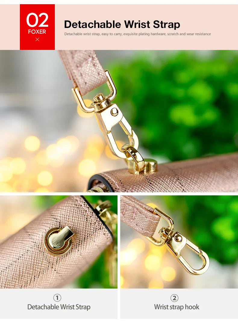 FOXER Women Split Leather Wallet Bifold Clutch Bag with Wristlet Fashion Card Holder Coin Purse Cellphone Bag Female Money Bag.