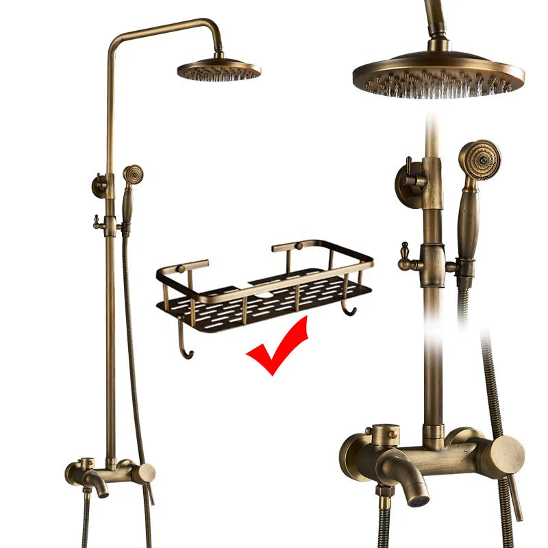POIQIHY Antique Shower Set Wall Bathroom Bath Shower Faucet Rainfall Brass Swivel Spout Mixer Tap Sliding Bar Shower System