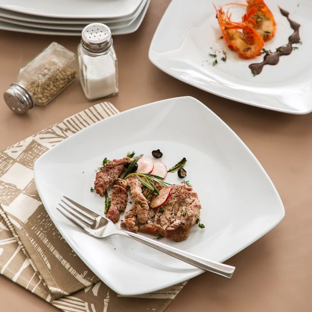 MALACASA 6/12 Piece White Square Porcelain Dinner Plate Set Dessert Plate Salad Fruit Beef Flat Plate Set (23.5 * 23.5 * 2cm).