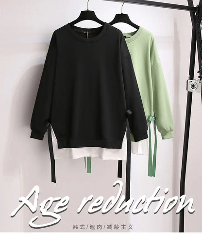 150Kg Plus Größe frauen Herbst Lose Oansatz Sweatshirts Fehlschlag 157cm 6XL 7XL 8XL 9XL 10XL Beiläufige Lange-ärmeln Gefälschte Zwei-stück Top