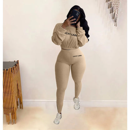 Letter Printed Embroidery Women Two Piece Ribbed Tracksuits Fall Spring Long Sleeve Sweatshirt and Skinny Pants Set.