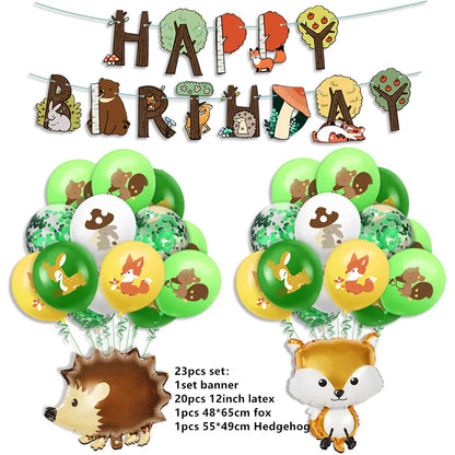 Dschungel Thema Partei Dekor Versorgung Einweg Geschirr Set Wald Tier Fuchs Hedgehog Ballon Baby Dusche Kid Geburtstag Kuchen Topper