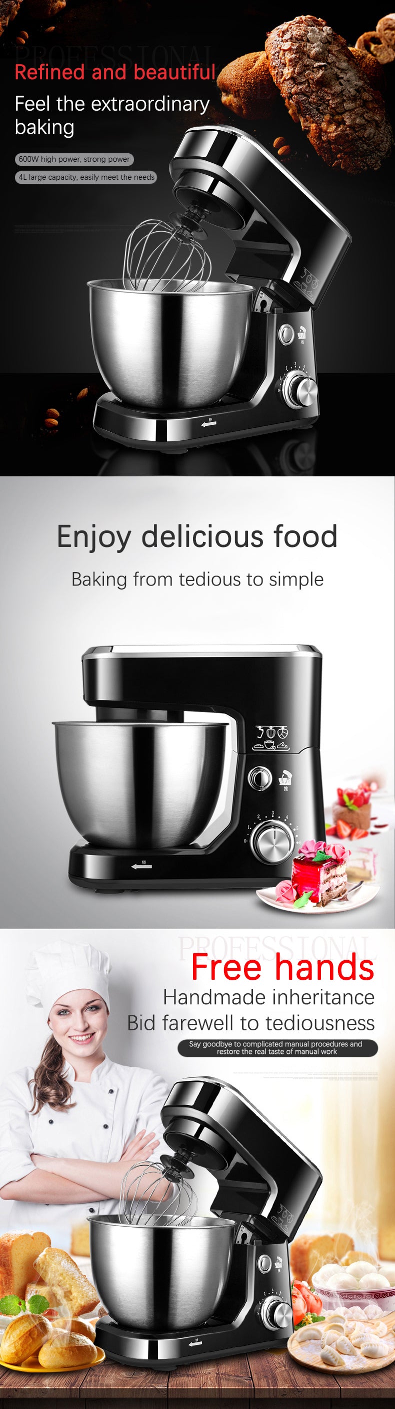 AC220-240V 50-60HZ 600W POWER 4L bowl Powerful home use mini food mixer hand mixer stand mixer Polupar Dough Cream Mixer muliuse.