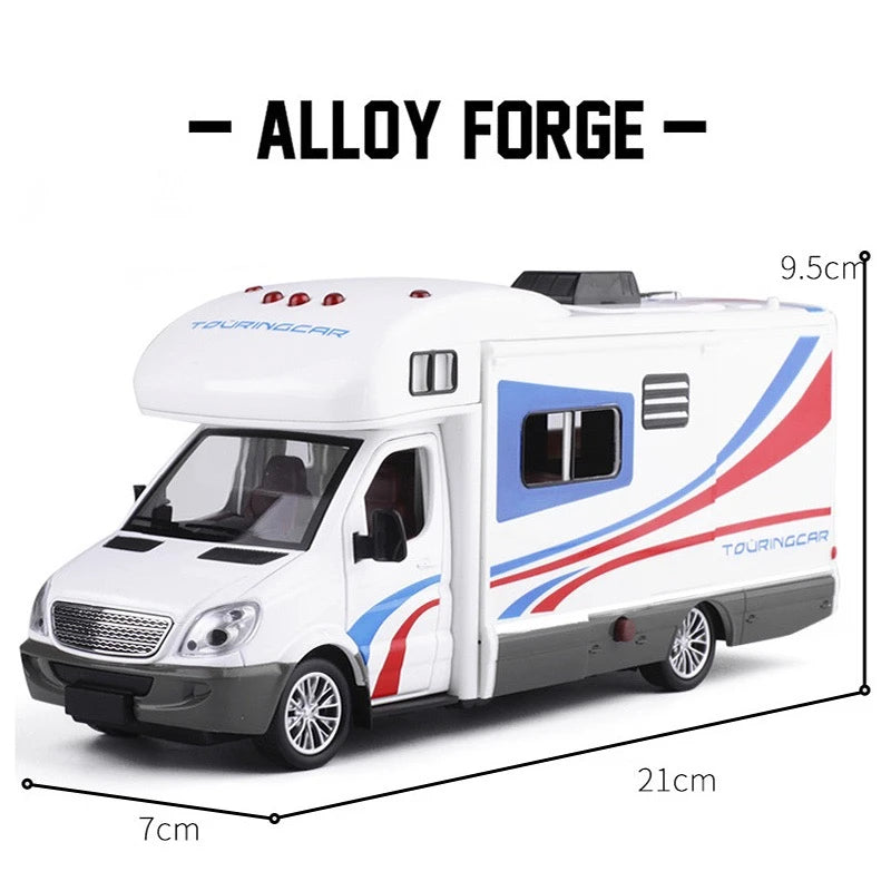 1:28 Diecast Luxury RV Recreational Vehicle Car Model Metal Camper Van Motorhome Touring Car Model Sound and Light Kids Toy Gift.