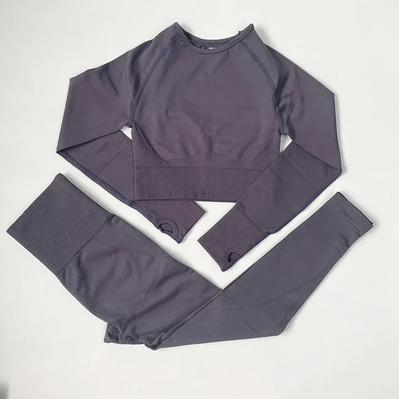 High Waist Elastic Seamless Yoga Wear Women Fitness Clothes Gym Clothing Workout Set Long Sleeve Crop Top Leggings Sports Suit