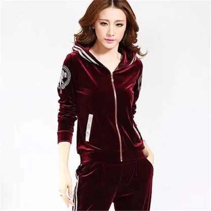 Korean Print Velvet 2 Piece Set Casual Hooded Women Outfit Harem Pant Suits Tracksuit Velour Jogging Femme Spring Fall Conjuntos