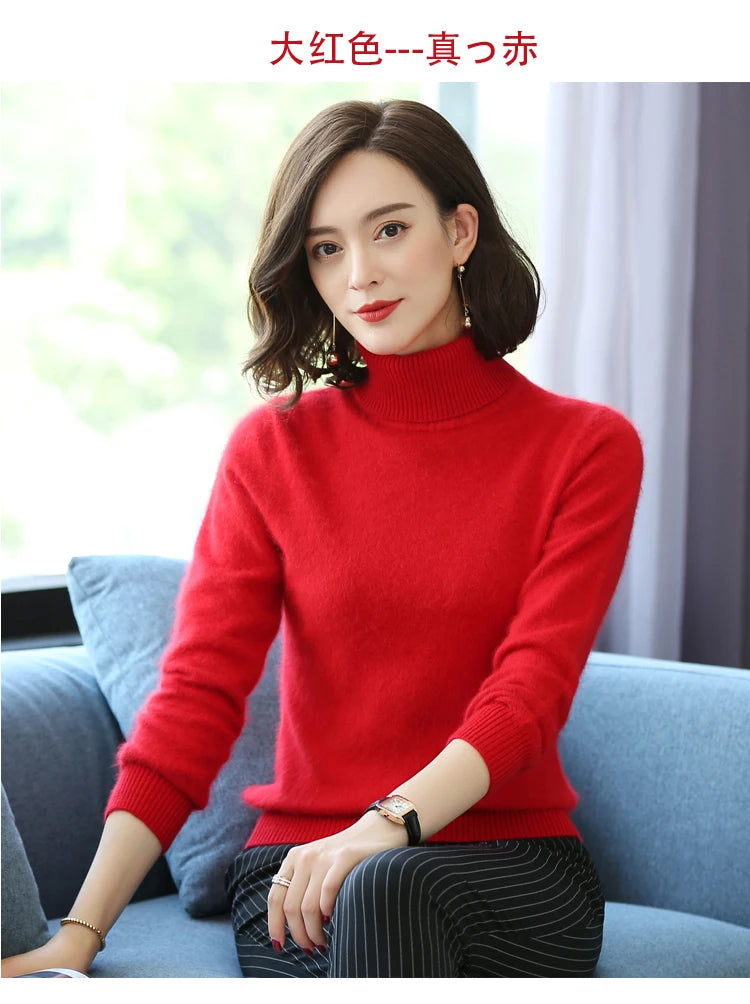 Herbst Winter 100% Nerz Kaschmir Pullover Frauen Strickwaren Pullover Dicke Warme Einfarbig Plus Größe Basis Hohe Revers Kleidung Tops