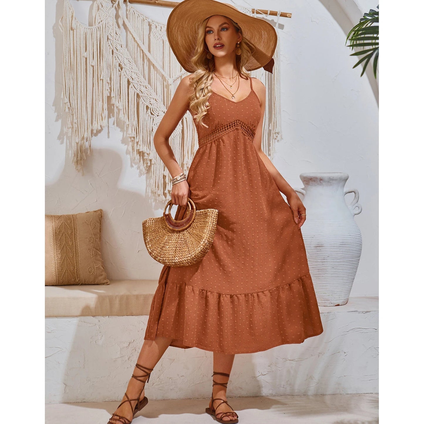 2025 Summer Casual V-neck Solid Color Hollowed-out Straps Dress Fashion Maxi Dress.