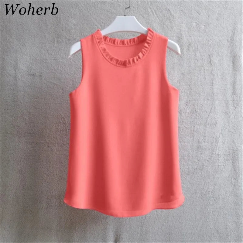 Woherb 21 Farben Feste Rüschen Chiffon Bluse Frauen 2025 Sommer Mode Weste Blusas Casual Lose Ärmellose Damen Tops Shirt.