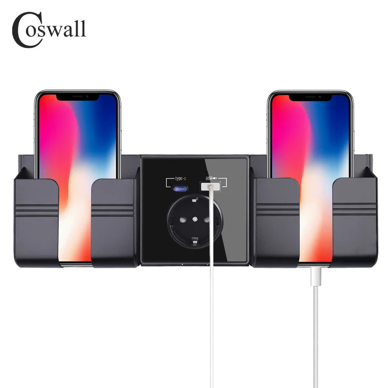 Coswall Typ-C-Schnittstellensteckdose, Vollspiegel, Kristallplatte, schwarze Wand, EU, Russland, Spanien, französische Standardsteckdose mit USB-Ladeanschluss
