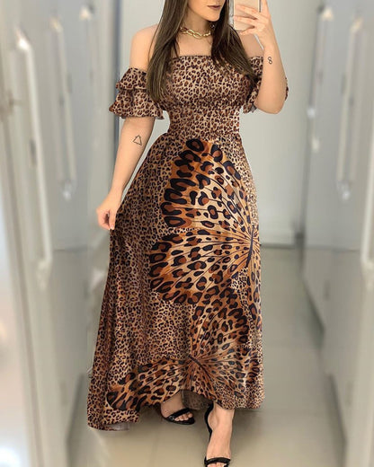 Boho Leopard Kleid Frauen Weg Schulter Rüschen Hülse Sommer Kleid Sexy Strappy Slash neck Vestido Lange Sommerkleid Party Kleider.