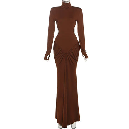 Sexy Backless Long Dress for Women Turtleneck Evening Party Ruched Dress Elegant Solid Long Sleeve Streetwear Maxi Dress 3472.
