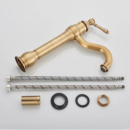 Antique Brass Basin Vessel Sink Faucet Deck Mounted One Hole Cold Hot Water Cold Hot Mixer Tap Bathroom Faucet