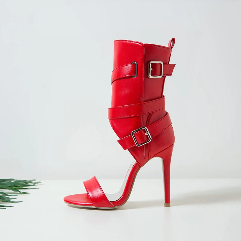 PU Leather Stiletto Women Sandal 2025 Drag Quee Summer High Heels Wedding Party Sexy Shoes Belt Solid Sissy Pumps Size 34~50