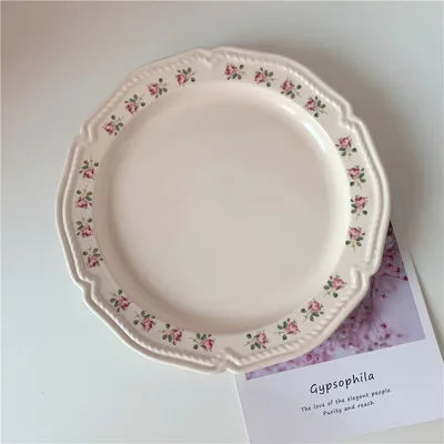 Ceramic Plate French Style Retro Floral Reliefs Food Plate Yogurt Salad Bowl Dessert Plate Dish Dinner Wedding Set Dinner Plates.