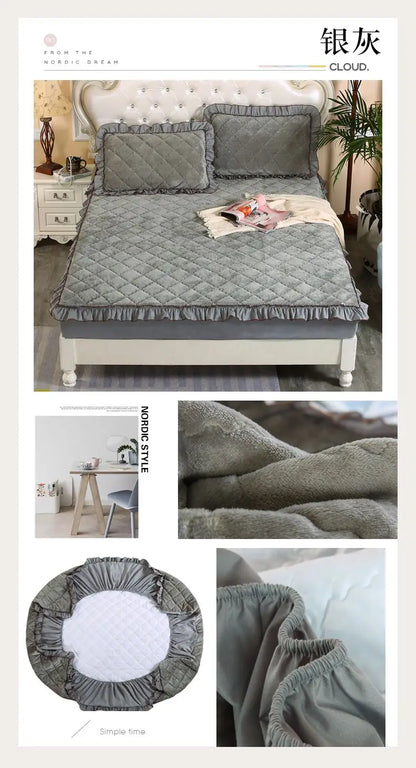 Fashion Flannel Bed Fitted Sheet Quilted Mattress Cover Soft and Comfortable Lace Fit Elastic Band Bed Sheet