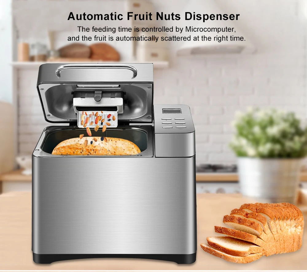 Biolomix Stainless Steel 1KG 19-in-1 Automatic Bread Maker 650W Programmable Bread Machine with 3 Loaf Sizes Fruit Nut Dispenser.