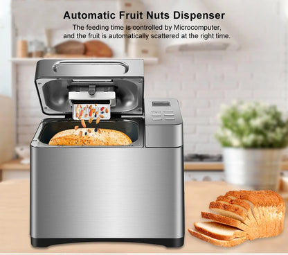 Biolomix Stainless Steel 1KG 19-in-1 Automatic Bread Maker 650W Programmable Bread Machine with 3 Loaf Sizes Fruit Nut Dispenser.