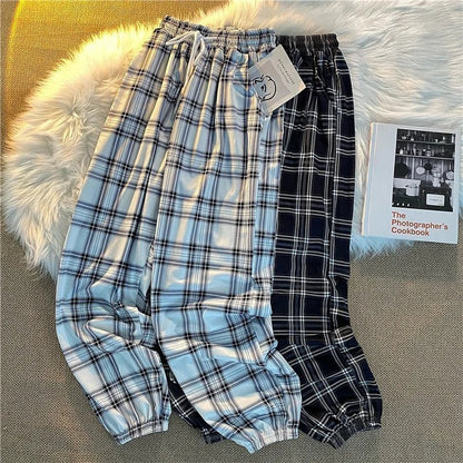 Hosen Frauen Neue Haufen füße Mode Lose Schwarz Plaid Sommer Harajuku Studenten Streetwear Harem Lange Hosen Frauen Chic.