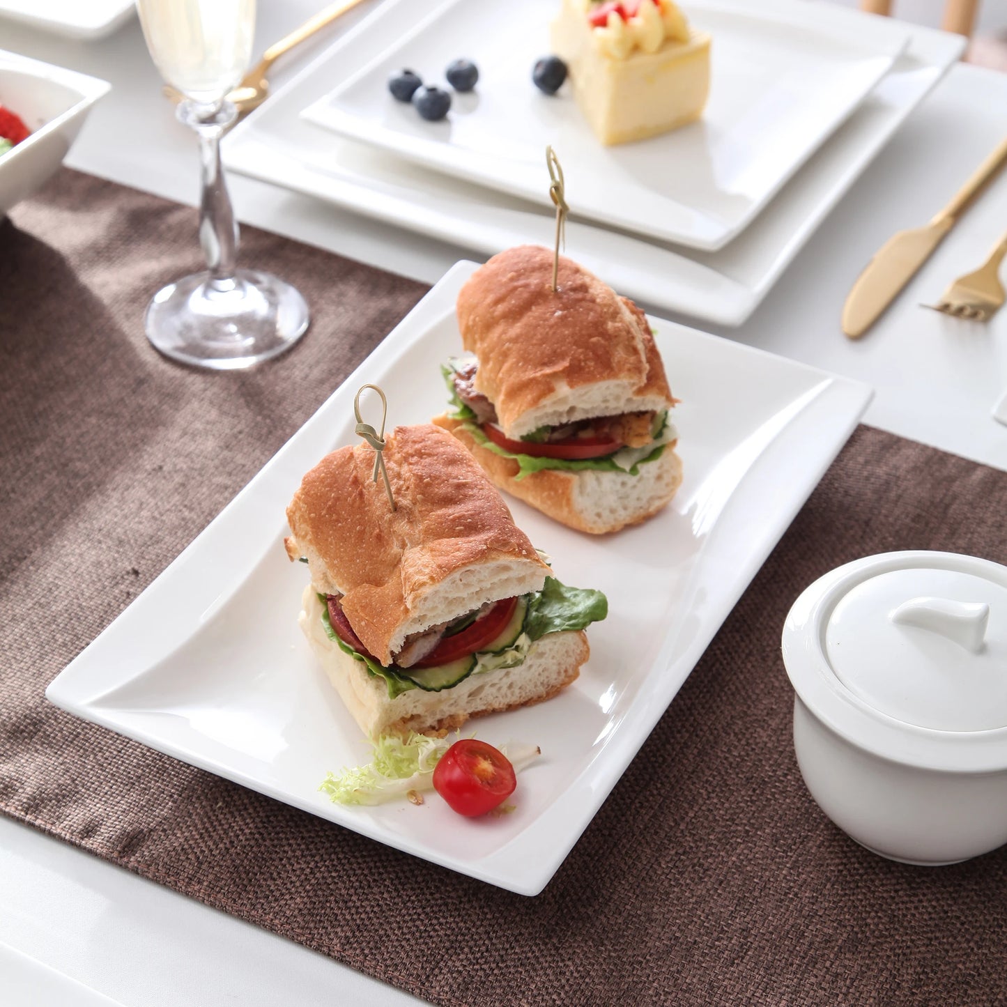 MALACASA Carina 2-Piece Ivory White Porcelain Dinner Plate Set Tableware Fruit Snack Dishes with 11" & 13.25" Rectangular Plate.