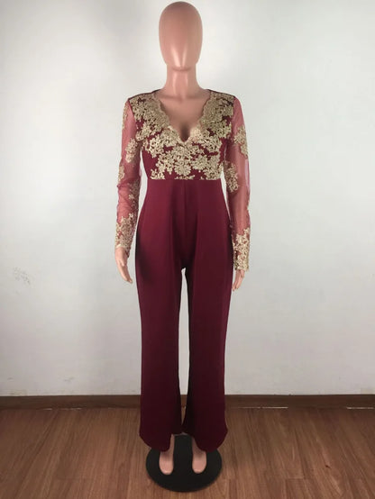 Wide Leg Casual Overalls Sexy Women V-Neck Elegant Lace Straight Party Jumpsuit Romper.