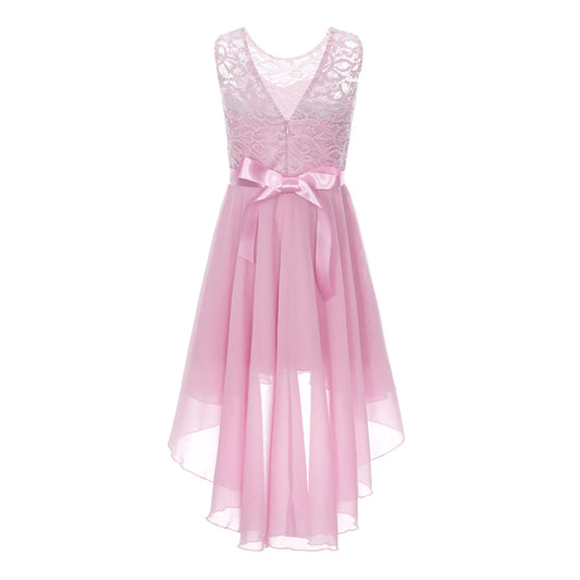Blumenmädchen-Chiffonkleid mit floraler Spitze, Sommer, ärmellos, hoher, niedriger Saum, formelles Hochzeitskleid für Brautjungfer, Junior, Prinzessin