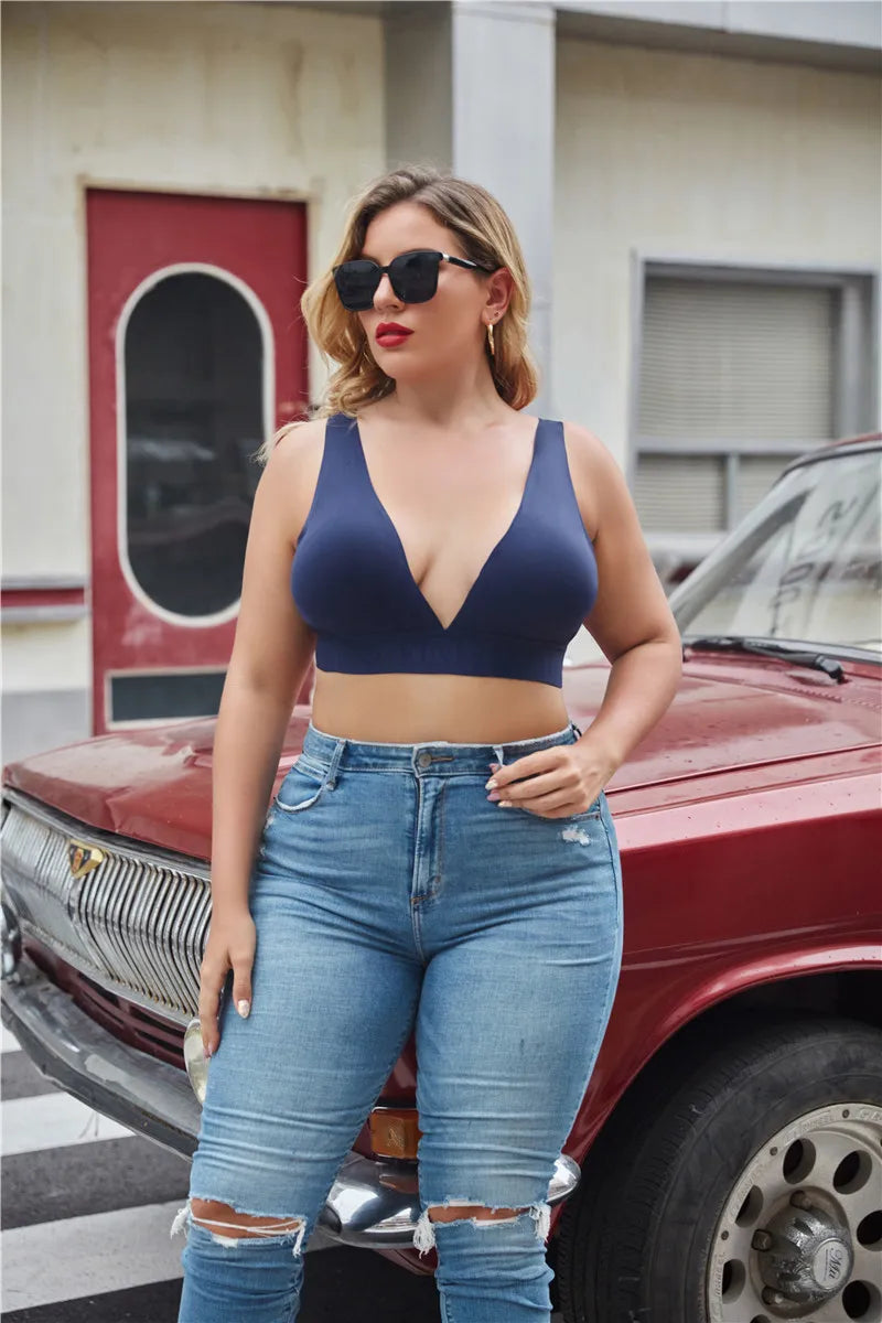 FINETOO Plus Size Women Cropped Top Female Bra S-XL V-Neck Girls Lingerie Active Bras Sexy Woman's Underwear Push Up Tube Tops.