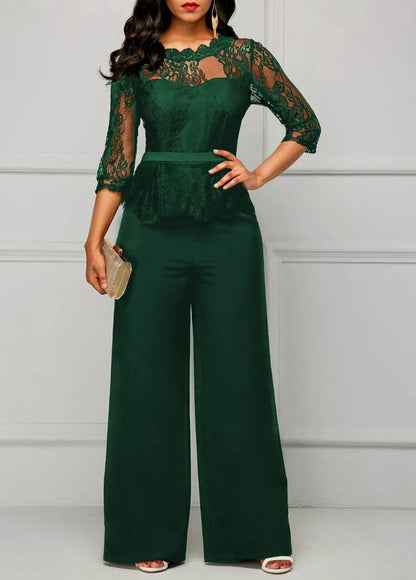 Elegant Sexy Jumpsuits Women Long Sleeve Lace Patchwork Jumpsuit Loose Trousers Wide Leg Pants Rompers Holiday Black Overalls.