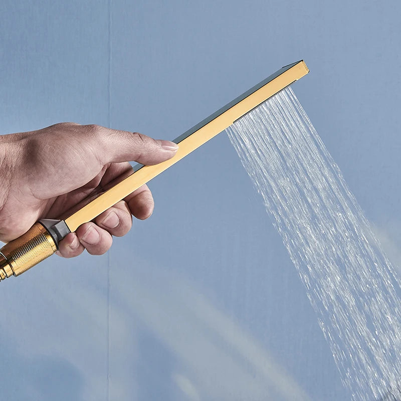 Black Waterfall Shower Faucet Bathroom Wall Mounted Bathtub Shower Faucets Dual Handles Hot Cold Water Mixer Tap with Handshower