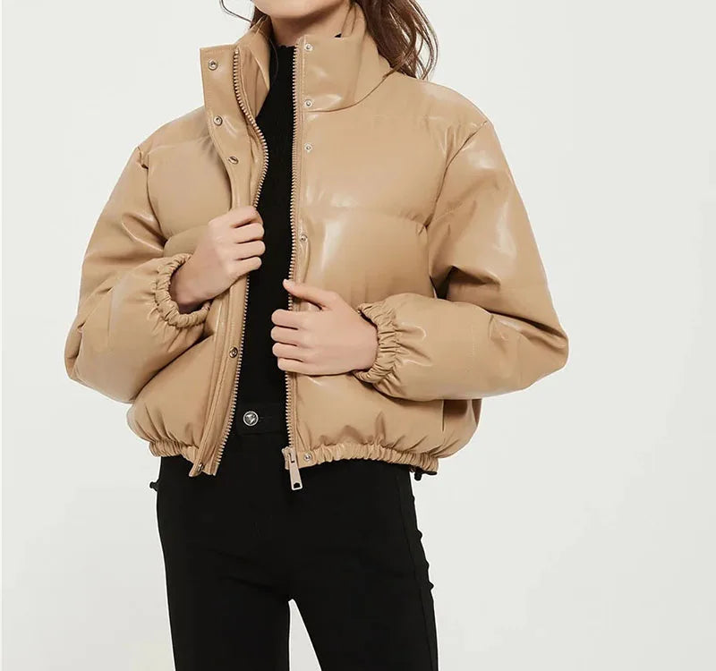 Winter frauen Jacke Dicke Warme Kurze Parka Schwarz Pu Leder Mäntel Frau Parkas Elegante Zipper Baumwolle Jacken Mantel Weibliche neue.