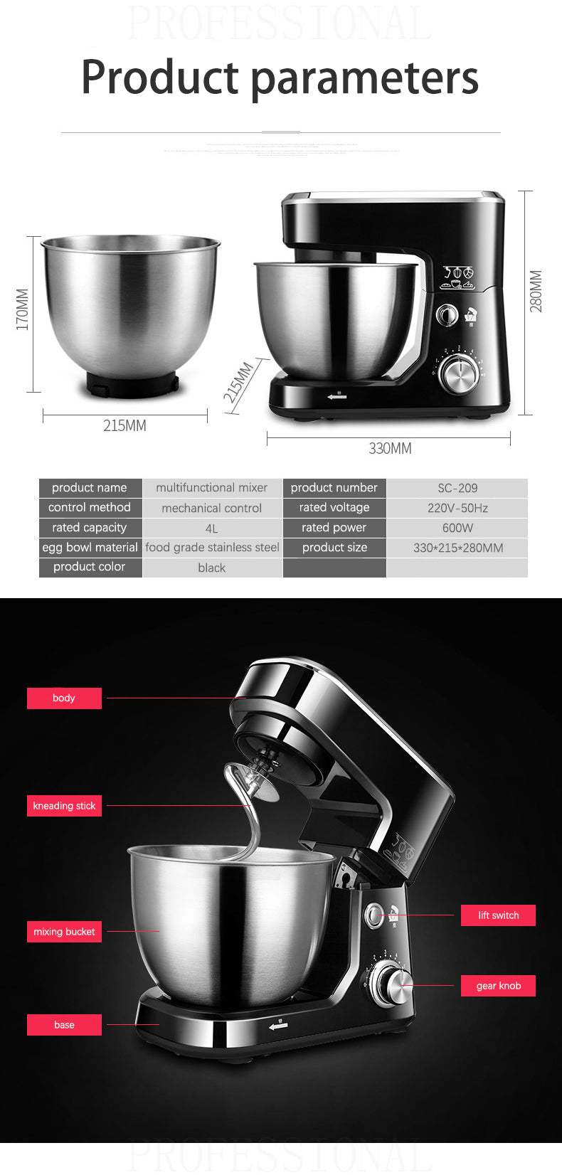 AC220-240V 50-60HZ 600W POWER 4L bowl Powerful home use mini food mixer hand mixer stand mixer Polupar Dough Cream Mixer muliuse.