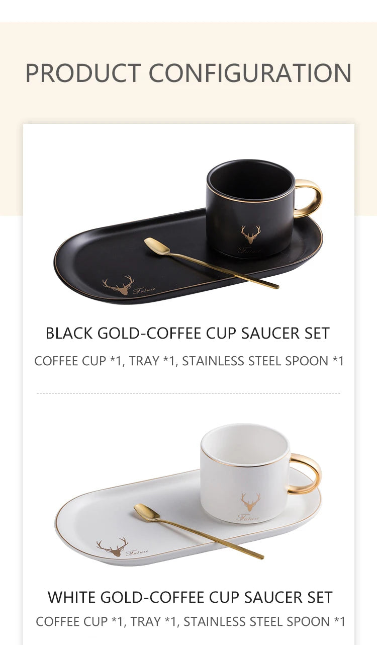 European Luxurious Gold Rim Ceramics Coffee Cups And Saucers Spoon Sets With Gift Box Tea Soy Milk Breakfast Mugs Dessert Plate.