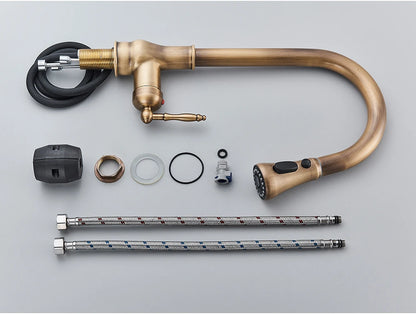 POIQIHY Antique Brass Kitchen Faucet Pull Out Bathroom Kitchen Mixers Single Handle Pull Down Cold Hot Water Tap Deck Mounted