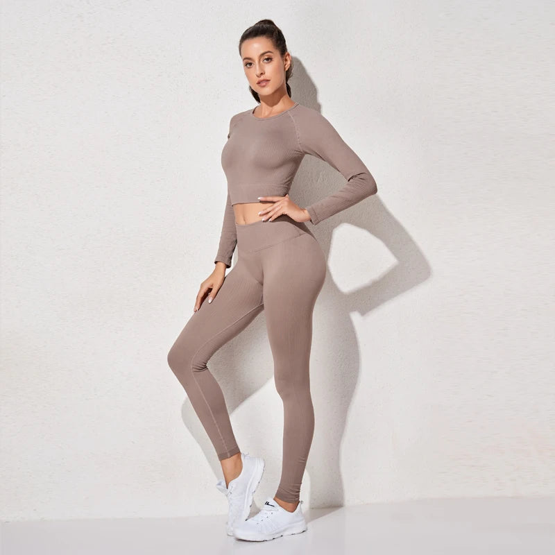 Women's Sportswear Yoga Set Workout Clothes Athletic Wear Sports Gym Legging Seamless Fitness Bra Crop Top Long Sleeve Yoga Suit