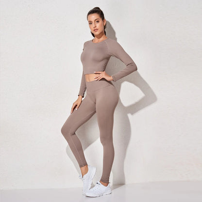 Women's Sportswear Yoga Set Workout Clothes Athletic Wear Sports Gym Legging Seamless Fitness Bra Crop Top Long Sleeve Yoga Suit
