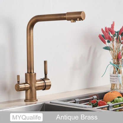 Chrome Brass Pure Water Kitchen Faucet Dual Handle Hot and Cold Drinking Water 3-way Filter Kitchen Purified Mixer Taps