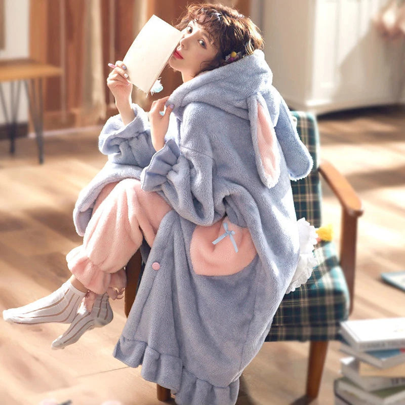 Winter Flannel Pajamas Set For Women Animal Thick Warm Sleepwear Hooded Nightgown With Pants Loose Pyjamas Suit Homewear Clothes.