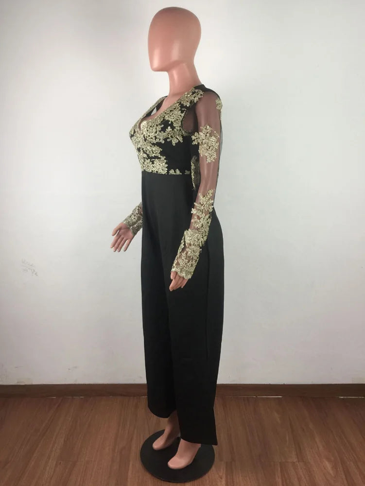 Wide Leg Casual Overalls Sexy Women V-Neck Elegant Lace Straight Party Jumpsuit Romper.