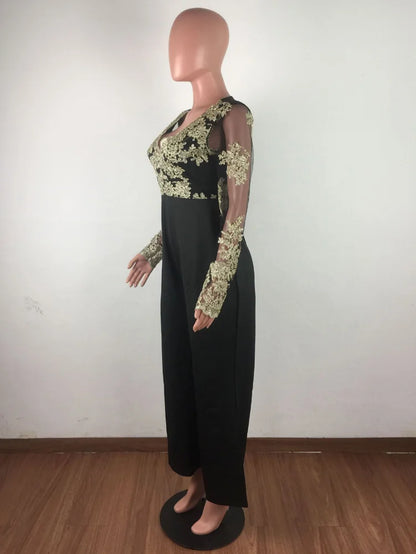 Wide Leg Casual Overalls Sexy Women V-Neck Elegant Lace Straight Party Jumpsuit Romper.
