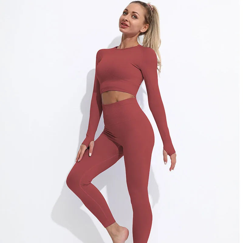 High Waist Elastic Seamless Yoga Wear Women Fitness Clothes Gym Clothing Workout Set Long Sleeve Crop Top Leggings Sports Suit.