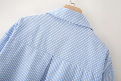 KAR&OT ZA Women's Clothing 2025 Summer New European and American Blue Striped Long-sleeved Lapel Short Shirt 2886909.