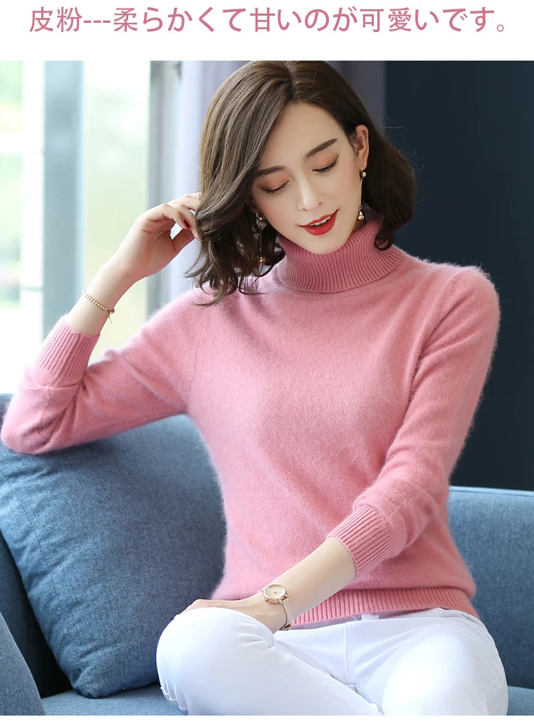 Herbst Winter 100% Nerz Kaschmir Pullover Frauen Strickwaren Pullover Dicke Warme Einfarbig Plus Größe Basis Hohe Revers Kleidung Tops