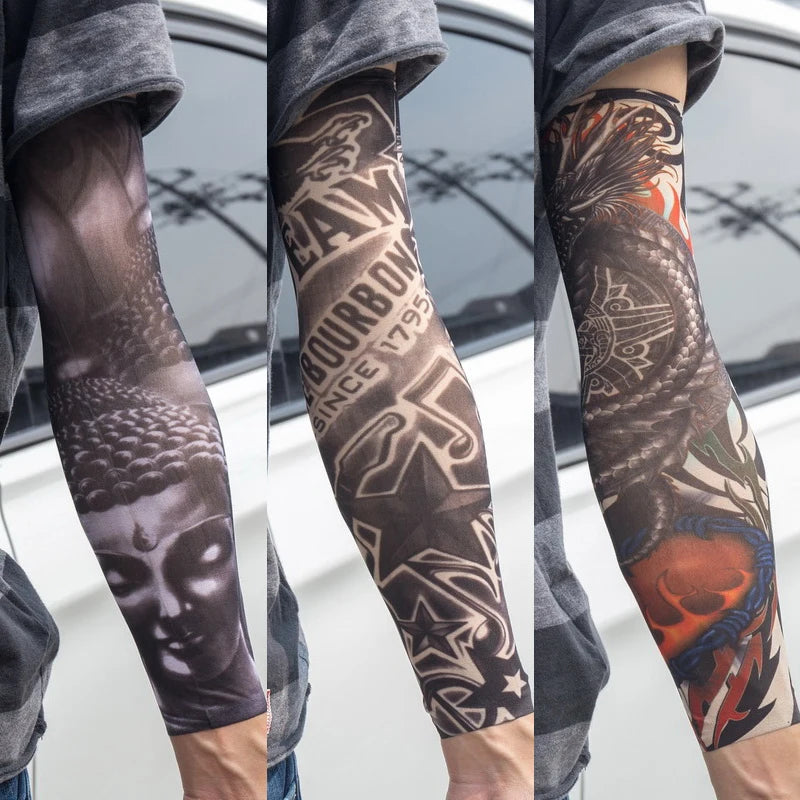 3PCS/lot new mixed 100%Nylon elastic Fake temporary tattoo sleeve skull wolf totem dragon designs body Arm stockings cool men