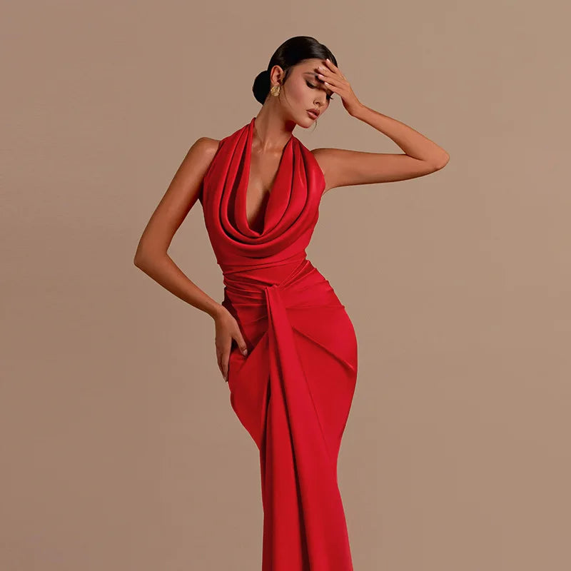 Sexy Swinging Collar Backless Pleated Long Dress Women Red Stain Sleeveless Draped Design Long Dress Club Party Women Maxi Dress