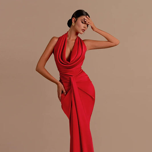 Sexy Swinging Collar Backless Pleated Long Dress Women Red Stain Sleeveless Draped Design Long Dress Club Party Women Maxi Dress