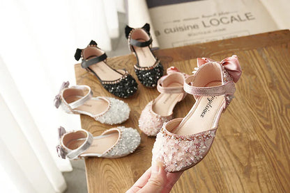 New Kids Leather Shoes Girls Wedding Shoes Children Princess Sandals Sequins Bow Girls Casual Dance Shoes Flat Sandals E462.