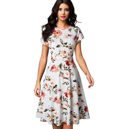 Nice-forever Vintage Elegante Blumen Druck Plissee Rundhals vestidos A-Line Pinup Business Party Frauen Flare Swing Kleid A102